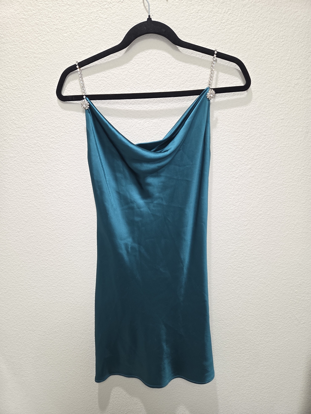 Satin Teal Cowl Neck Slip Dress with Jeweled Straps